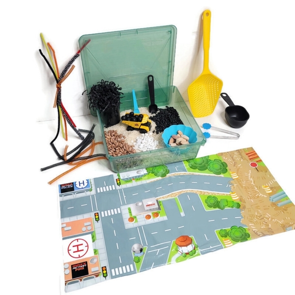 Sensory bin construction site with dump truck rocks rice beans scoops and more! - Picture 5 of 8